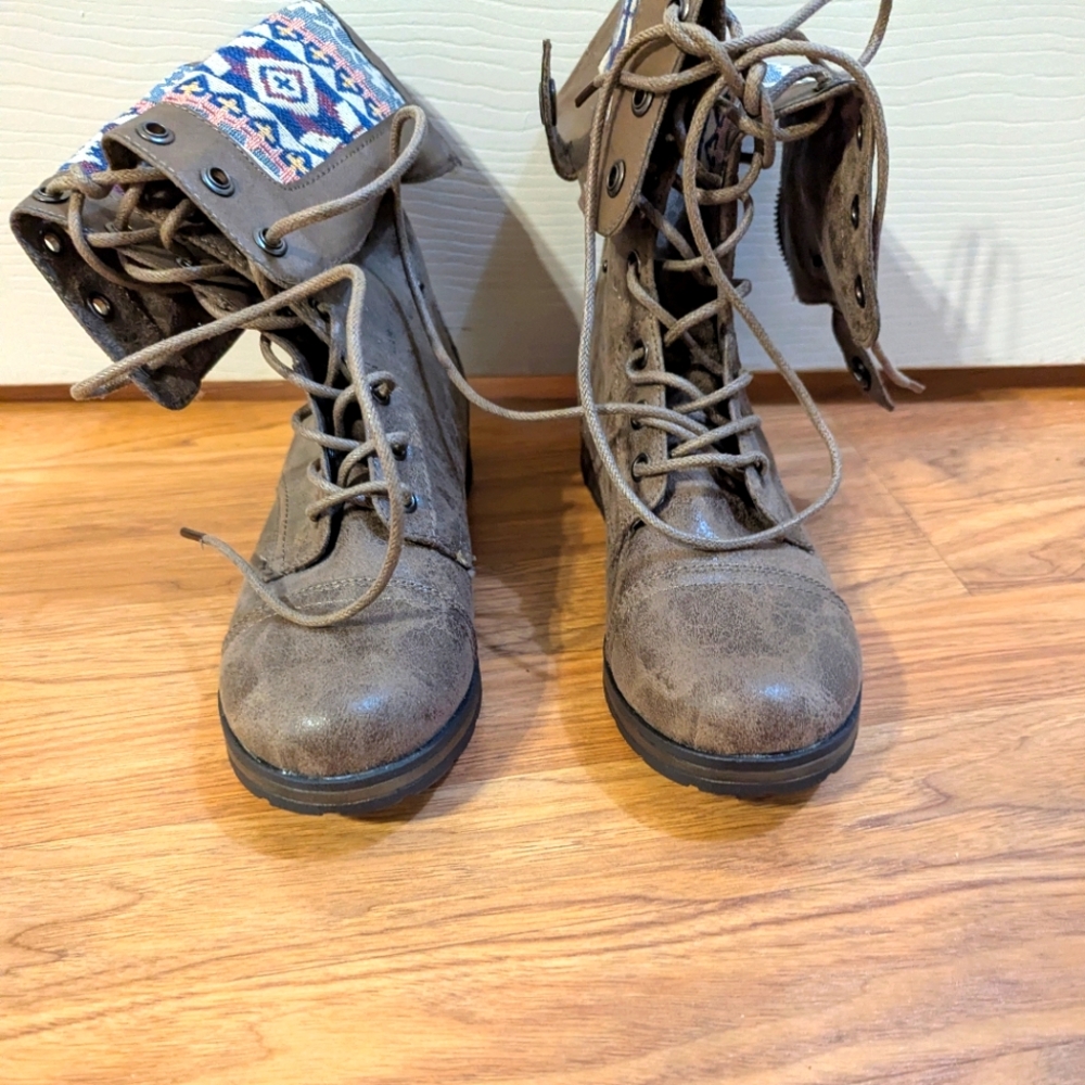 JustFab Brown Lace Up Boots with Patterned Cuff